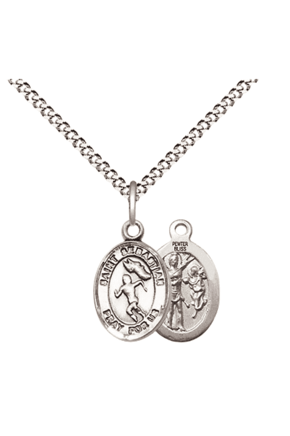 Pewter Saint Sebastian Track and Field Medal Pendant on 18 Inch Rhodium Plated Lite Curb Brass Chain with Lobster Claw Clasp, Catholic Religious Necklace - Made in USA- Velvet Gift Box