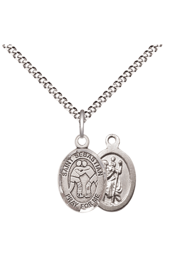 Pewter Saint Sebastian Wrestling Medal Pendant on 18 Inch Rhodium Plated Lite Curb Brass Chain with Lobster Claw Clasp, Catholic Religious Necklace - Made in USA- Velvet Gift Box