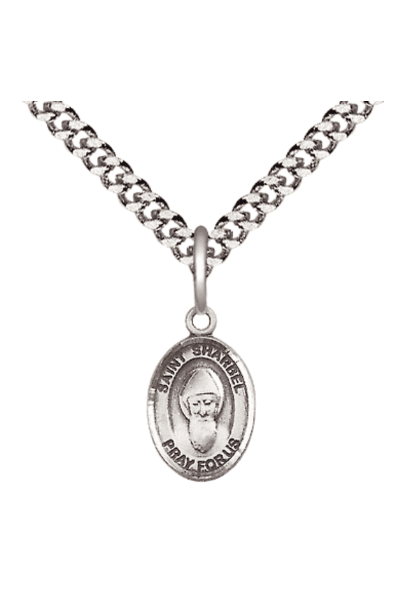 Pewter Saint Sharbel Medal Pendant on 24 Inch Endless Rhodium Plated Heavy Curb Brass Chain, Catholic Religious Necklace -Made in USA- Deluxe Velvet Gift Box