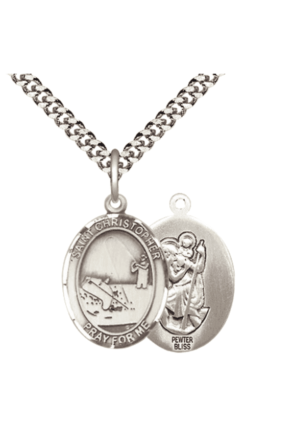 Pewter Saint St Christopher Fishing Medal Pendant on 24 Inch Endless Rhodium Plated Heavy Curb Brass Chain, Catholic Religious Necklace -Made in USA- Deluxe Velvet Gift Box