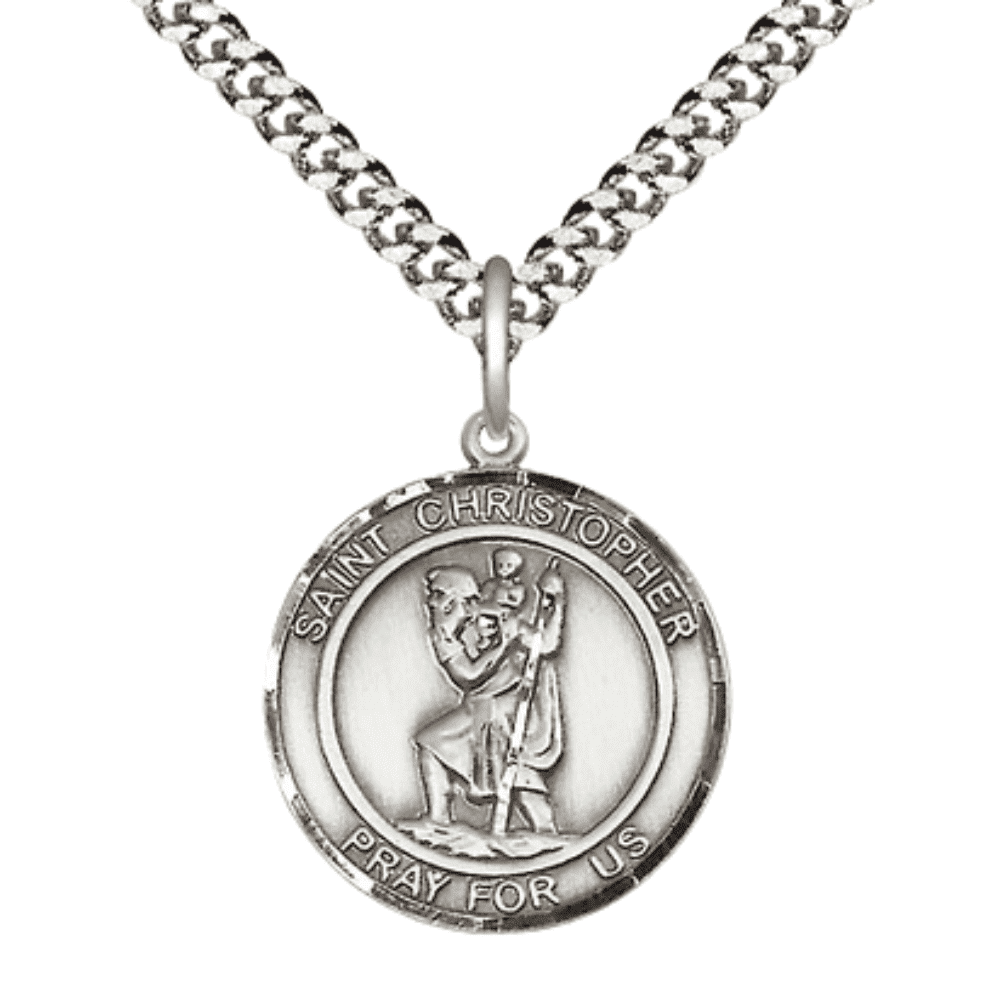 Pewter Saint St Christopher Medal Pendant on 24 Inch Endless Rhodium ...