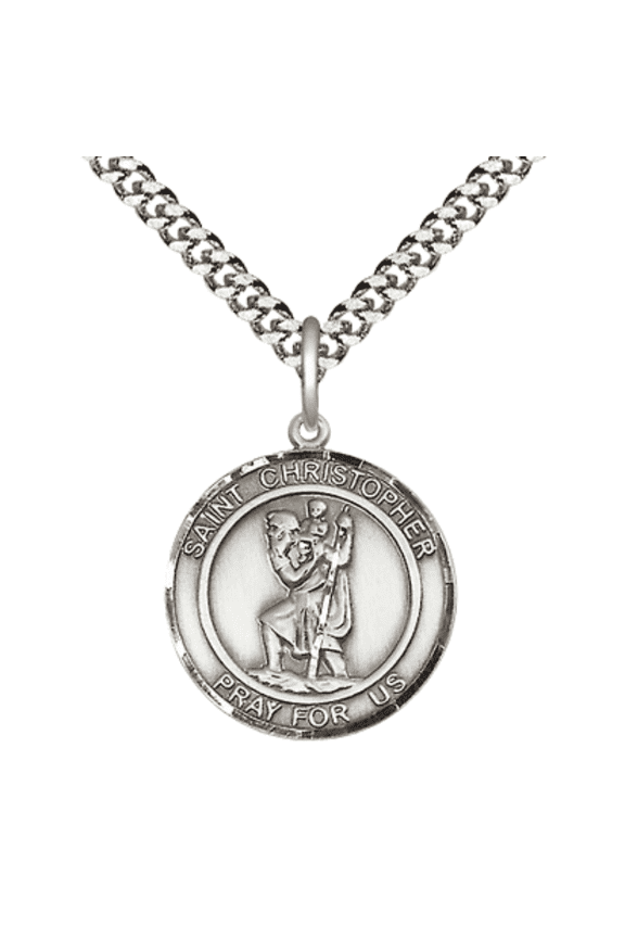 Pewter Saint St Christopher Medal Pendant on 24 Inch Endless Rhodium Plated Heavy Curb Brass Chain, Catholic Religious Necklace -Made in USA- Deluxe Velvet Gift Box