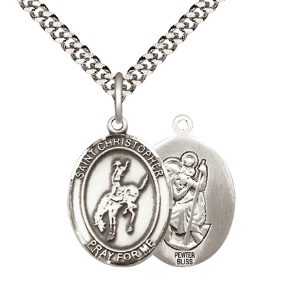 Pewter Saint St Christopher Rodeo Medal Pendant on 24 Inch Endless ...