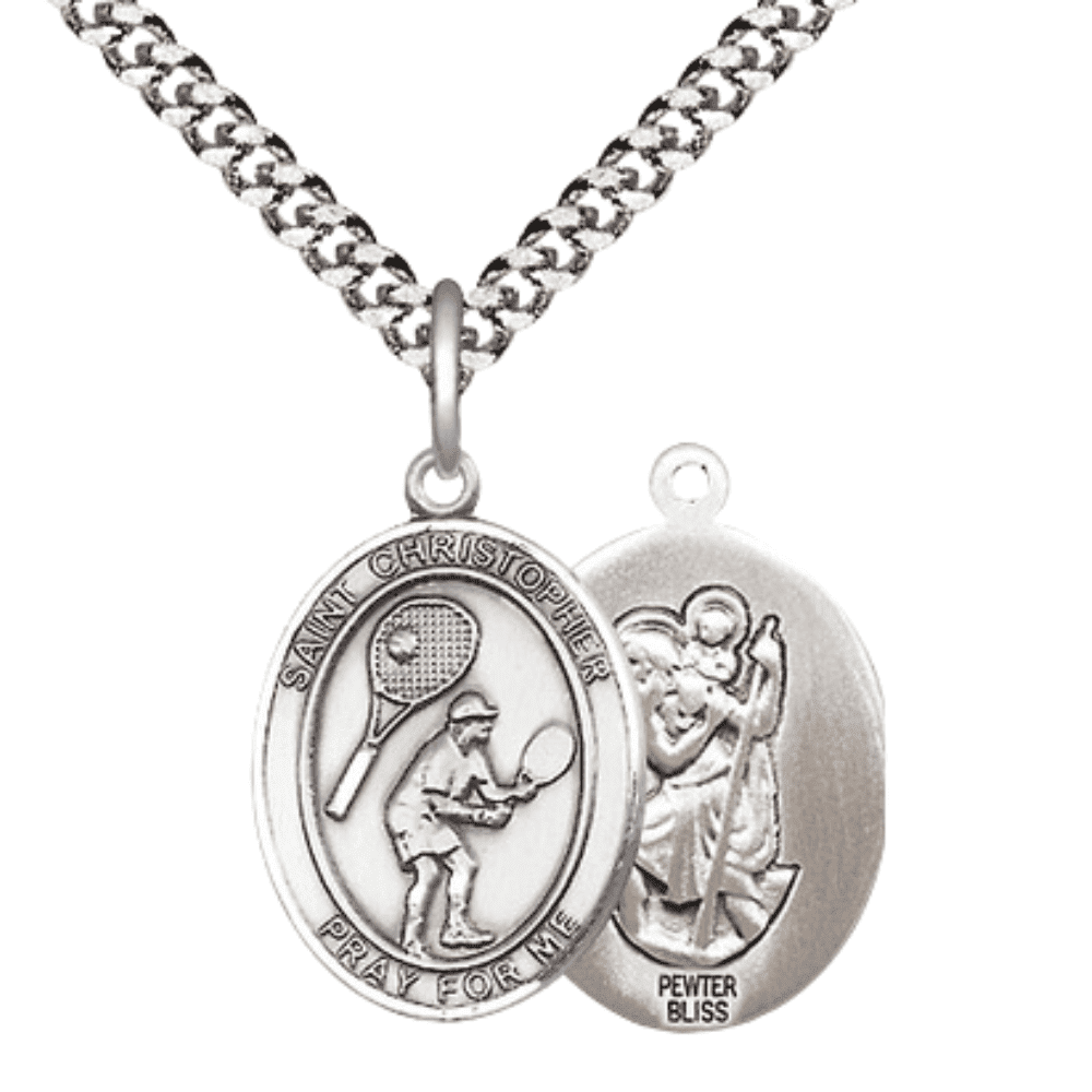 Medium Pewter Saint Christopher Tennis Medal Pendant on 24 Inch Endless ...