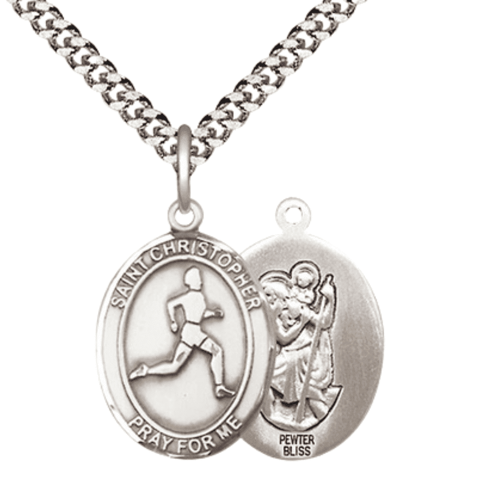 Pewter Saint St Christopher Track&Field Medal Pendant on 24 Inch ...