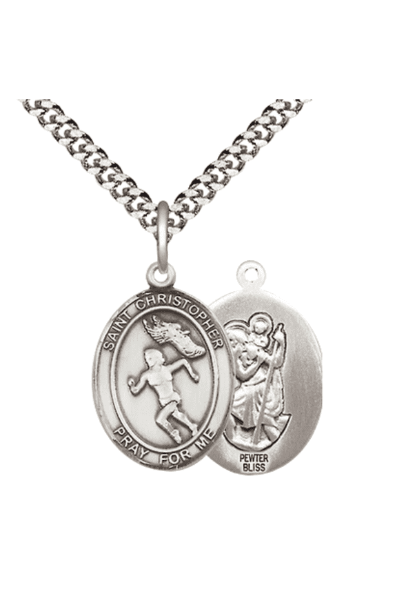 Pewter Saint St Christopher Track&Field Medal Pendant on 24 Inch Endless Rhodium Plated Heavy Curb Brass Chain, Catholic Religious Necklace -Made in USA- Deluxe Velvet Gift Box