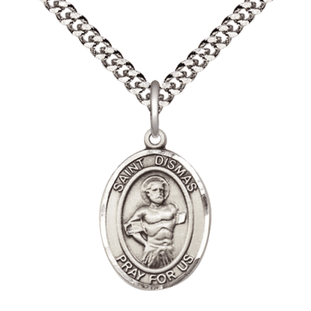 Pewter Saint St Dismas Medal Pendant on 24 Inch Endless Rhodium Plated ...