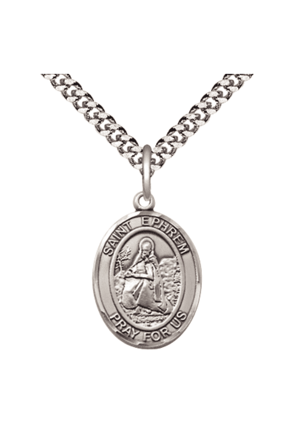 Pewter Saint St Ephrem Medal Pendant on 24 Inch Endless Rhodium Plated Heavy Curb Brass Chain, Catholic Religious Necklace -Made in USA- Deluxe Velvet Gift Box