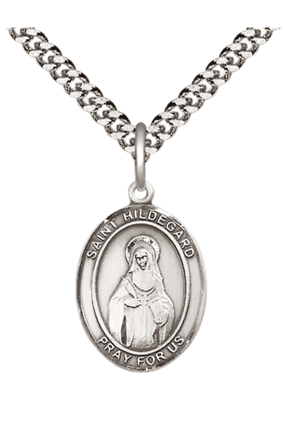 Pewter Saint St Hildegard von Bingen Medal Pendant on 24 Inch Endless Rhodium Plated Heavy Curb Brass Chain, Catholic Religious Necklace -Made in USA- Deluxe Velvet Gift Box