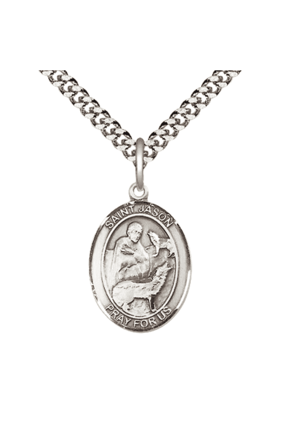Pewter Saint St Jason Medal Pendant on 24 Inch Endless Rhodium Plated Heavy Curb Brass Chain, Catholic Religious Necklace -Made in USA- Deluxe Velvet Gift Box