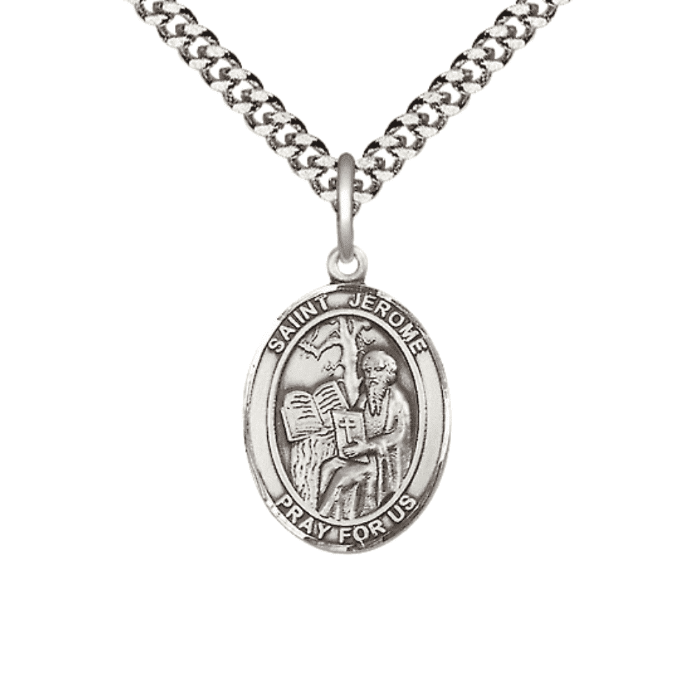 Pewter Saint St Jerome Medal Pendant on 24 Inch Endless Rhodium Plated ...