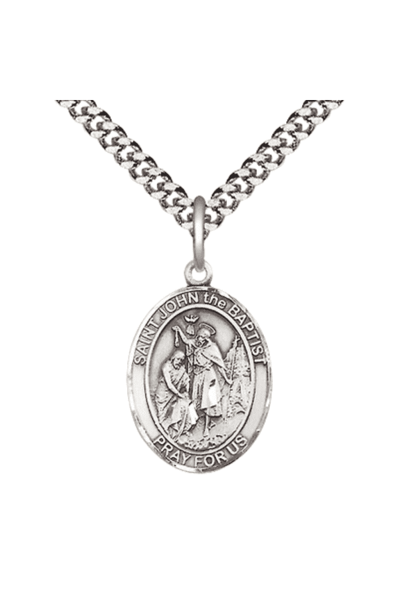 Pewter Saint St John the Baptist Medal Pendant on 24 Inch Endless Rhodium Plated Heavy Curb Brass Chain, Catholic Religious Necklace -Made in USA - Deluxe Velvet Gift Box
