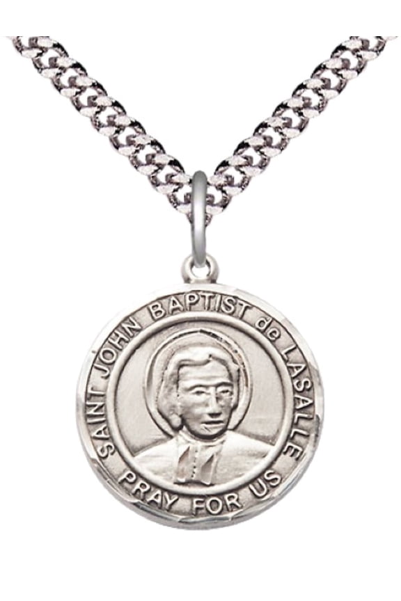 Pewter Saint St John Baptist de la Salle Medal Pendant on 24 Inch Endless Rhodium Plated Heavy Curb Brass Chain, Catholic Religious Necklace -Made in USA- Deluxe Velvet Gift Box