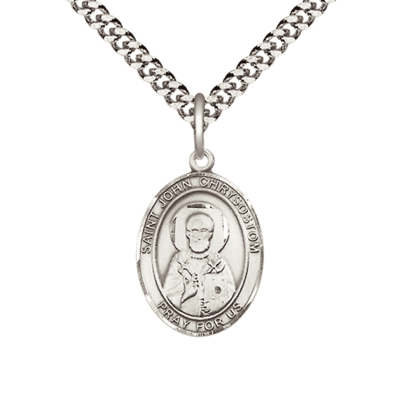 Pewter Saint St John Chrysostom Medal Pendant on 24 Inch Endless Rhodium Plated Heavy Curb Brass Chain, Catholic Religious Necklace -Made in USA- Deluxe Velvet Gift Box