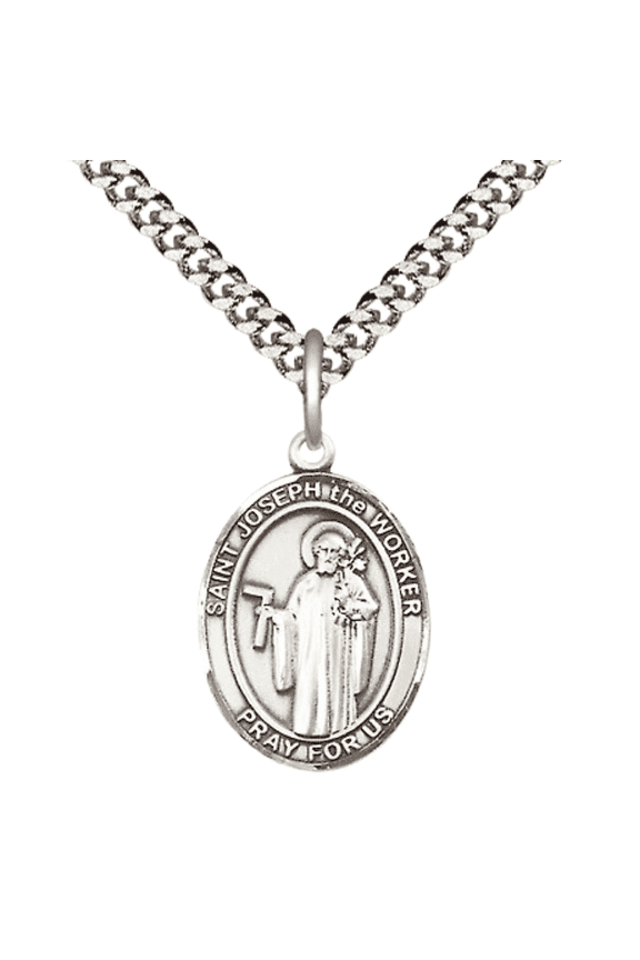 Pewter Saint St Joseph the Worker Medal Pendant on 24 Inch Endless Rhodium Plated Heavy Curb Brass Chain, Catholic Religious Necklace -Made in USA- Deluxe Velvet Gift Box