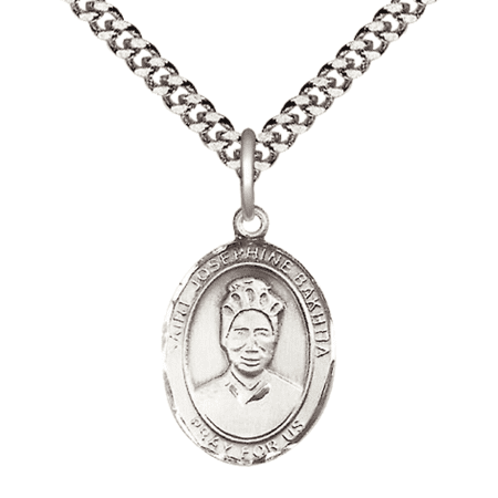 Pewter Saint St Josephine Bakhita Medal Pendant on 24 Inch Endless Rhodium Plated Heavy Curb Brass Chain, Catholic Religious Necklace -Made in USA- Deluxe Velvet Gift Box