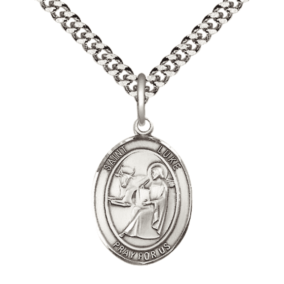 Pewter Saint St. Luke the Apostle Medal Pendant on 24 Inch Endless Rhodium Plated Heavy Curb Brass Chain, Catholic Religious Necklace -Made in USA- Deluxe Velvet Gift Box