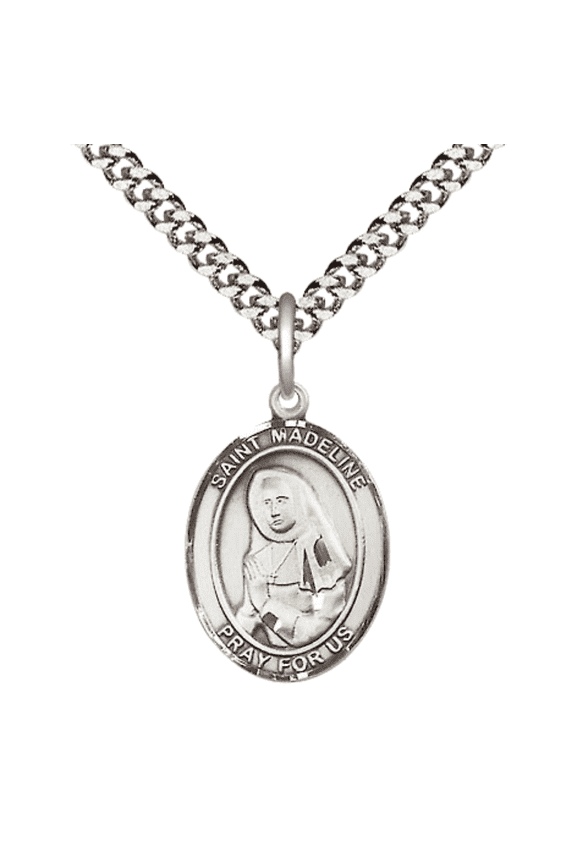 Pewter Saint St. Madeline Sophie Barat Medal Pendant on 24 Inch Endless Rhodium Plated Heavy Curb Brass Chain, Catholic Religious Necklace -Made in USA- Deluxe Velvet Gift Box