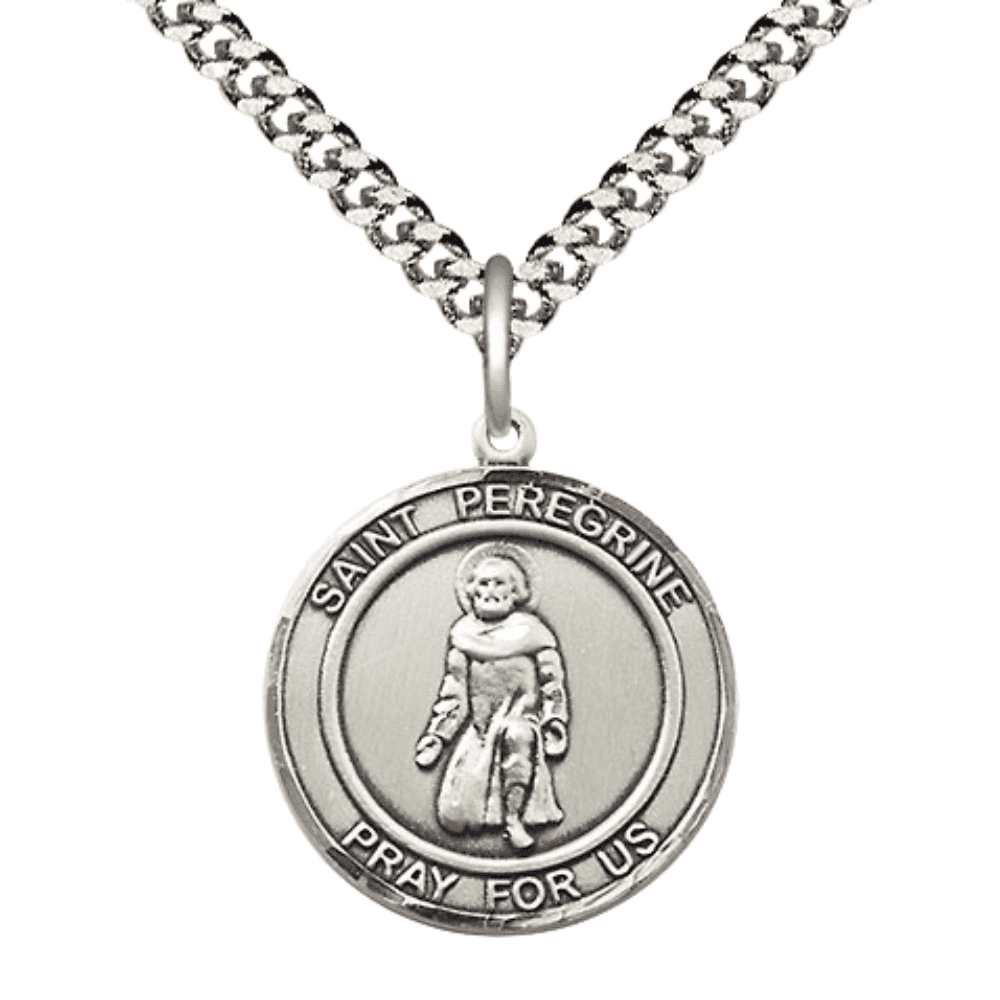 Pewter Saint St. Peregrine Medal Pendant on 24 Inch Endless Rhodium ...