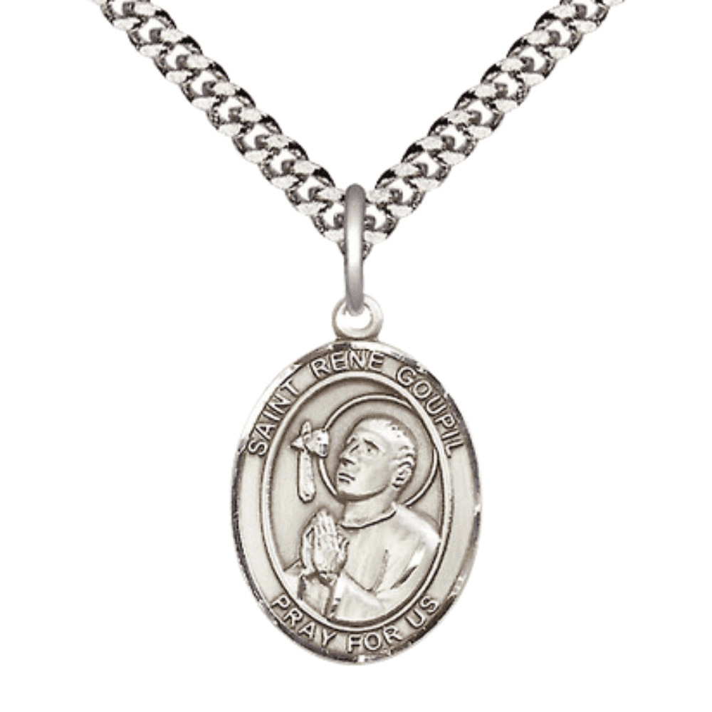 Pewter Saint St. Rene Goupil Medal Pendant on 24 Inch Endless Rhodium ...