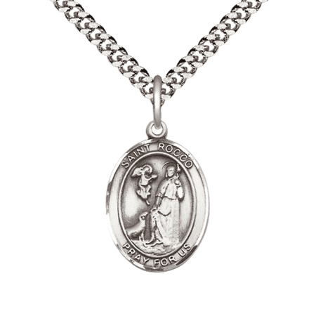 Pewter Saint St. Rocco Medal Pendant on 24 Inch Endless Rhodium Plated Heavy Curb Brass Chain, Catholic Religious Necklace -Made in USA- Deluxe Velvet Gift Box