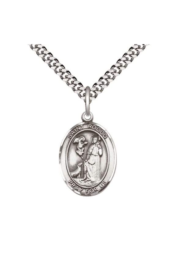 Pewter Saint St. Rocco Medal Pendant on 24 Inch Endless Rhodium Plated Heavy Curb Brass Chain, Catholic Religious Necklace -Made in USA- Deluxe Velvet Gift Box