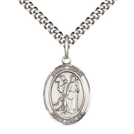 Pewter Saint St. Roch Medal Pendant on 24 Inch Endless Rhodium Plated Heavy Curb Brass Chain, Catholic Religious Necklace -Made in USA- Deluxe Velvet Gift Box