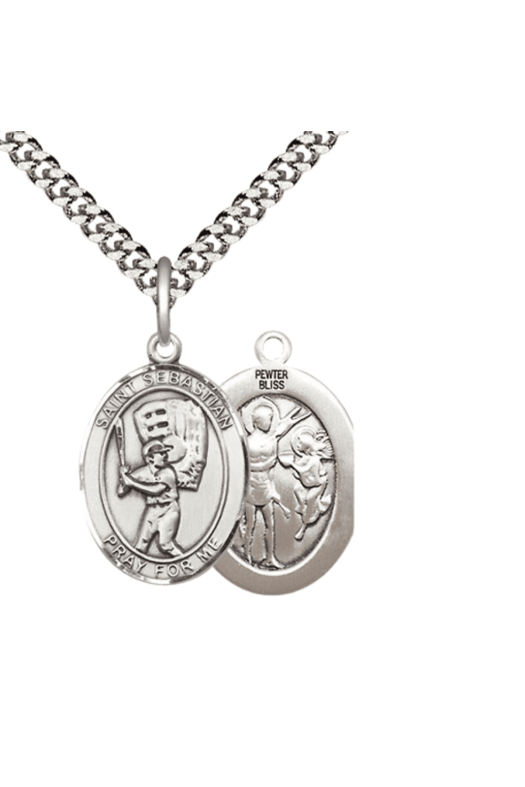 Medium Pewter Saint St. Sebastian Baseball Medal Pendant on 24 Inch Endless Rhodium Plated Heavy Curb Brass Chain, Catholic Religious Necklace -Made in USA- Deluxe Velvet Gift Box