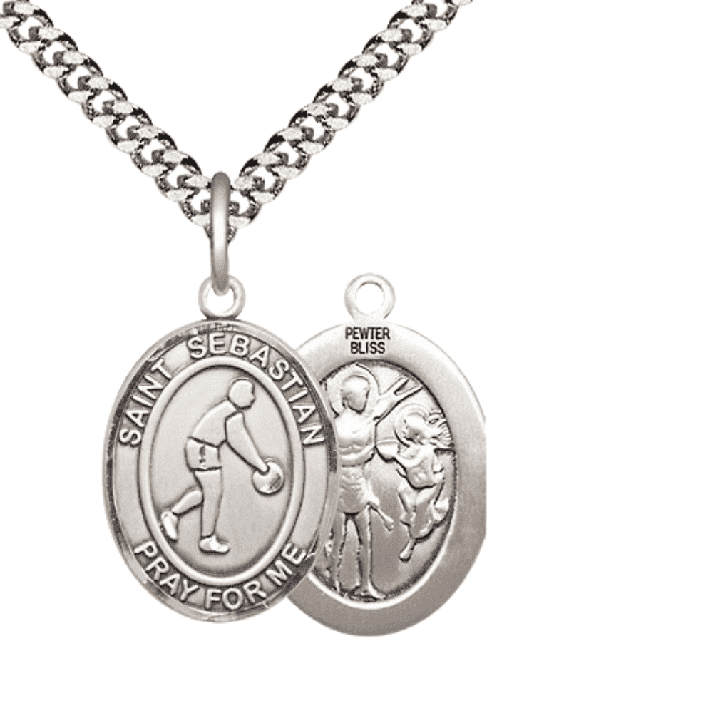 Pewter Saint St. Sebastian Basketball Medal Pendant on 24 Inch Endless ...
