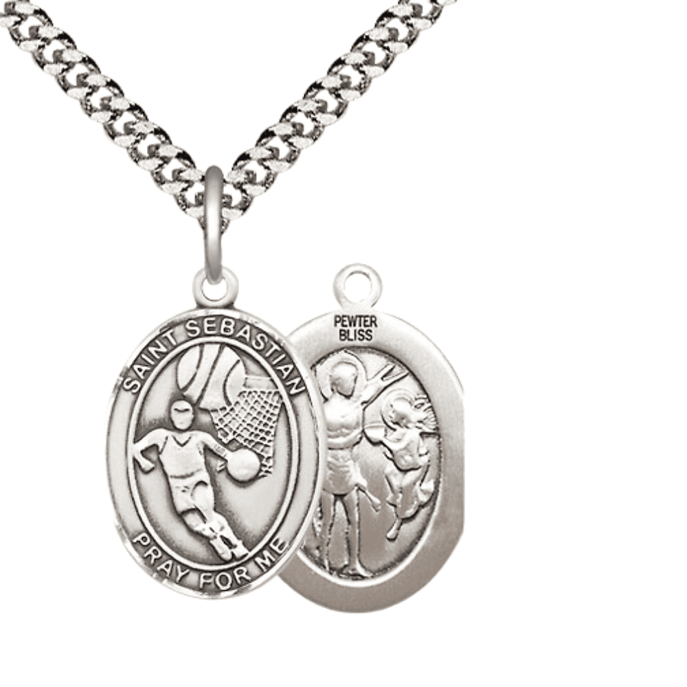 Pewter Saint St. Sebastian Basketball Medal Pendant on 24 Inch Endless ...