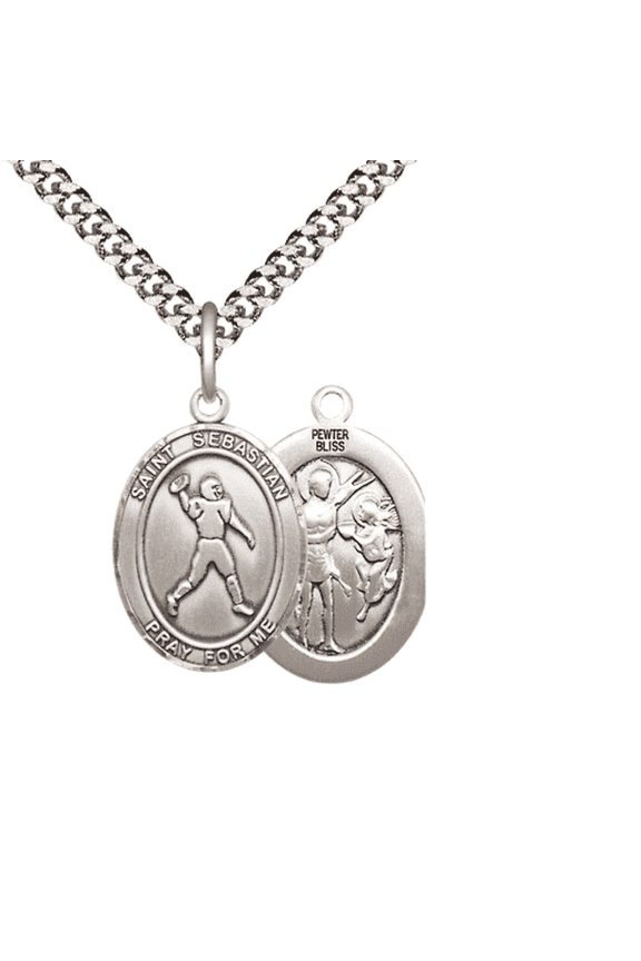 Medium Pewter Saint St. Sebastian Football Medal Pendant on 24 Inch Endless Rhodium Plated Heavy Curb Brass Chain, Catholic Religious Necklace -Made in USA- Deluxe Velvet Gift Box