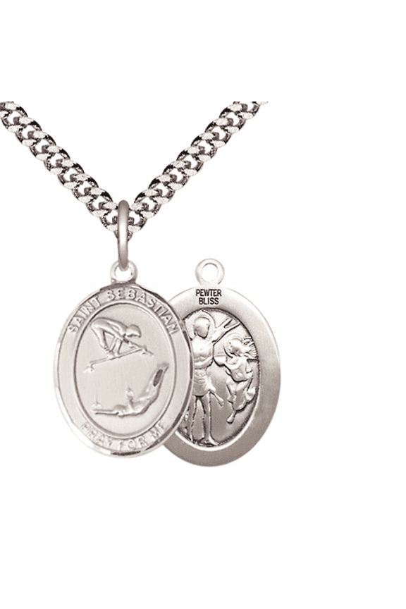 Medium Pewter Saint Sebastian Gymnastics Medal Pendant on 24 Inch Endless Rhodium Plated Heavy Curb Brass Chain, Catholic Religious Necklace -Made in USA- Deluxe Velvet Gift Box