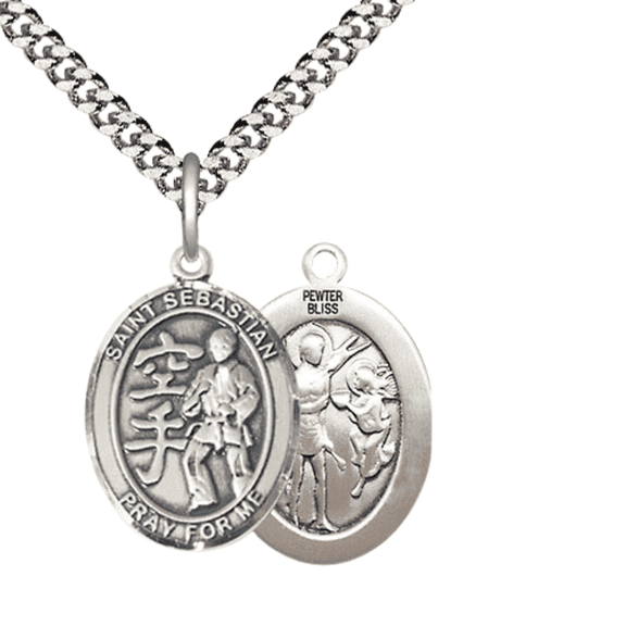 Pewter Saint St. Sebastian Karate Medal Pendant on 24 Inch Endless Rhodium Plated Heavy Curb Brass Chain, Catholic Religious Necklace -Made in USA- Deluxe Velvet Gift Box