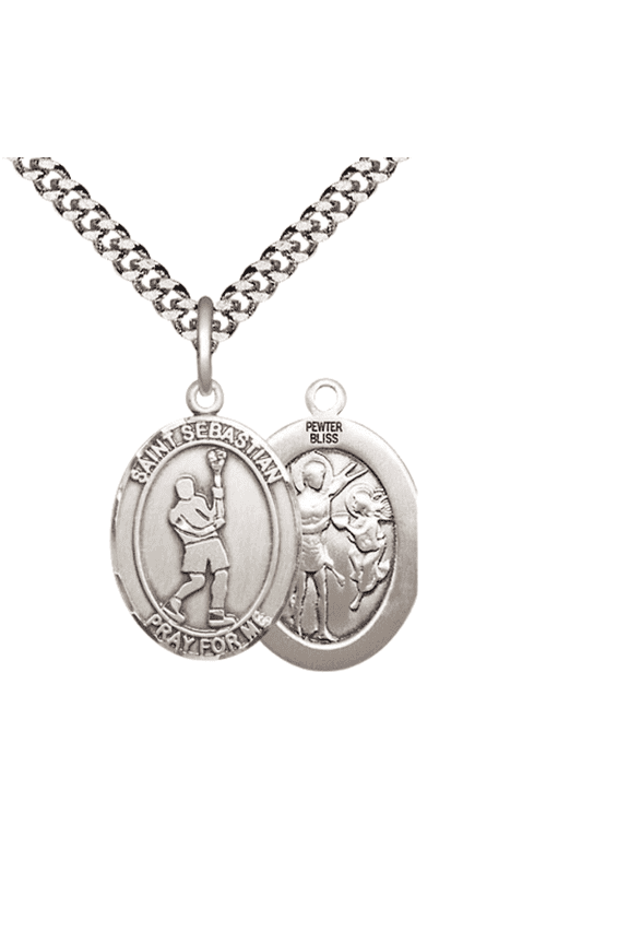 Medium Pewter Saint St. Sebastian Lacrosse Medal Pendant on 24 Inch Endless Rhodium Plated Heavy Curb Brass Chain, Catholic Religious Necklace -Made in USA- Deluxe Velvet Gift Box