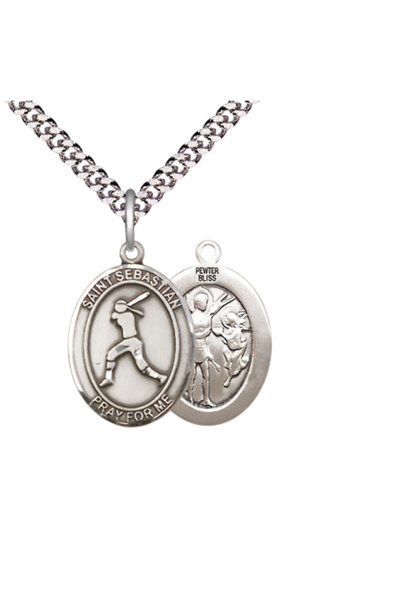 Medium Pewter Saint St. Sebastian Softball Medal Pendant on 24 Inch Endless Rhodium Plated Heavy Curb Brass Chain, Catholic Religious Necklace -Made in USA- Deluxe Velvet Gift Box
