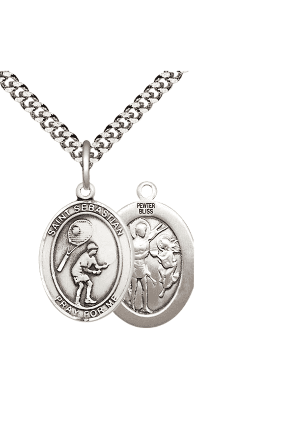 Pewter Saint St. Sebastian Tennis Medal Pendant on 24 Inch Endless Rhodium Plated Heavy Curb Brass Chain, Catholic Religious Necklace -Made in USA- Deluxe Velvet Gift Box