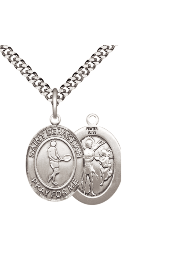 Pewter Saint St. Sebastian Tennis Medal Pendant on 24 Inch Endless Rhodium Plated Heavy Curb Brass Chain, Catholic Religious Necklace -Made in USA- Deluxe Velvet Gift Box
