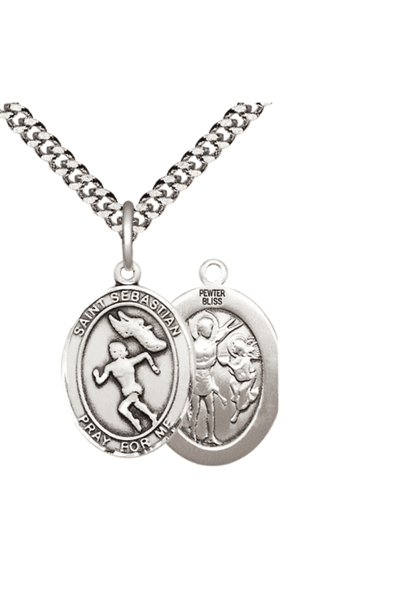 Pewter Saint St. Sebastian Track and Field Medal Pendant on 24 Inch Endless Rhodium Plated Heavy Curb Brass Chain, Catholic Religious Necklace -Made in USA- Deluxe Velvet Gift Box