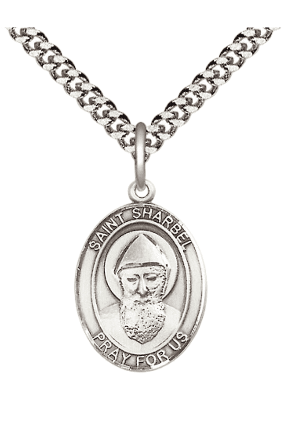 Pewter Saint St. Sharbel Medal Pendant on 24 Inch Endless Rhodium Plated Heavy Curb Brass Chain, Catholic Religious Necklace -Made in USA- Deluxe Velvet Gift Box