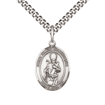 Pewter Saint St. Simon Medal Pendant on 24 Inch Endless Rhodium Plated Heavy Curb Brass Chain, Catholic Religious Necklace -Made in USA- Deluxe Velvet Gift Box