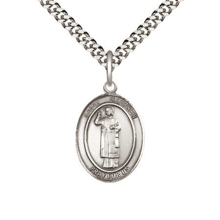 Medium Pewter Saint St. Stephen the Martyr Medal Pendant on 24 Inch Endless Rhodium Plated Heavy Curb Brass Chain, Catholic Religious Necklace -Made in USA- Deluxe Velvet Gift Box