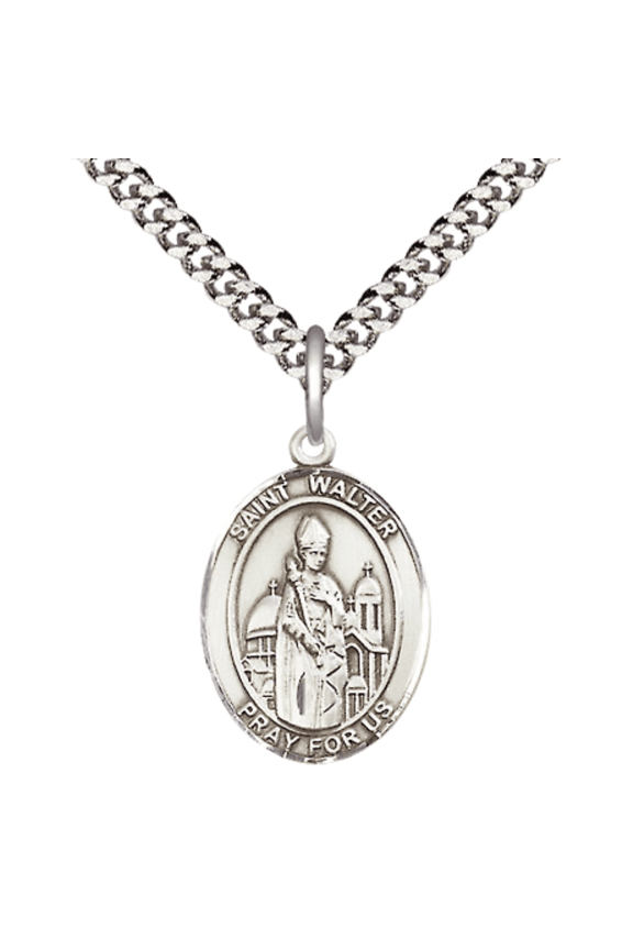 Pewter Saint St. Walter of Pontnoise Medal Pendant on 24 Inch Endless Rhodium Plated Heavy Curb Brass Chain, Catholic Religious Necklace -Made in USA- Deluxe Velvet Gift Box