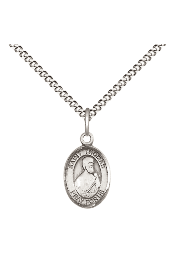 Pewter Saint Thomas the Apostle Medal Pendant on 18 Inch Rhodium Plated Lite Curb Brass Chain with Lobster Claw Clasp, Catholic Religious Necklace - Made in USA- Velvet Gift Box