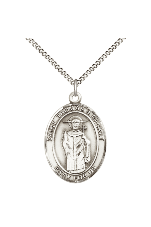 Pewter Saint Thomas A Becket Medal Pendant on 18 Inch Rhodium Plated Lite Curb Brass Chain with Lobster Claw Clasp,Catholic Religious Necklace -Made in USA- Deluxe Velvet Gift Box