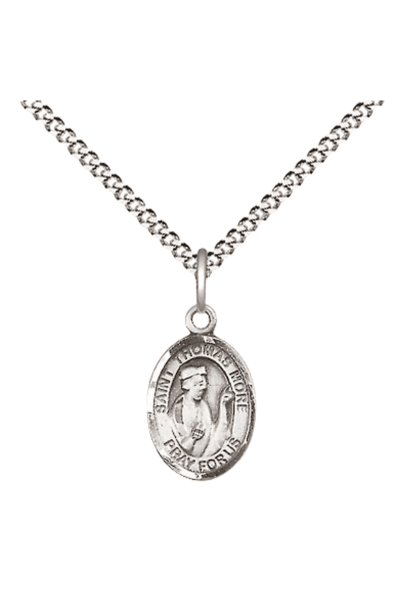 Pewter Saint Thomas More Medal Pendant on 18 Inch Rhodium Plated Lite Curb Brass Chain with Lobster Claw Clasp, Catholic Religious Necklace - Made in USA- Velvet Gift Box