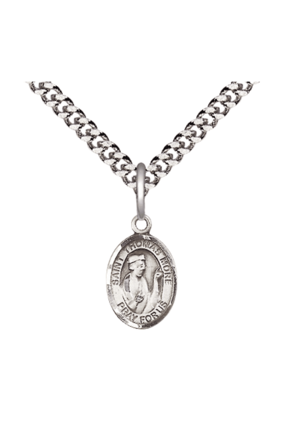 Small Pewter Saint Thomas More Medal Pendant on 24 Inch Endless Rhodium Plated Heavy Curb Brass Chain, Catholic Religious Necklace -Made in USA- Deluxe Velvet Gift Box