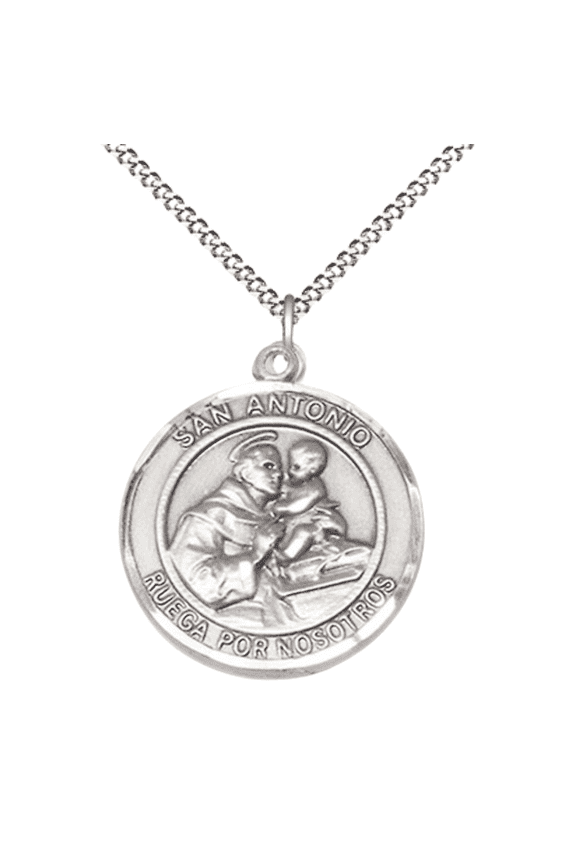 Pewter San Antonio Medal Pendant on 18 Inch Rhodium Plated Lite Curb Brass Chain,Catholic Religious Necklace with Lobster Claw Clasp -Made in USA, Deluxe Velvet Gift Box