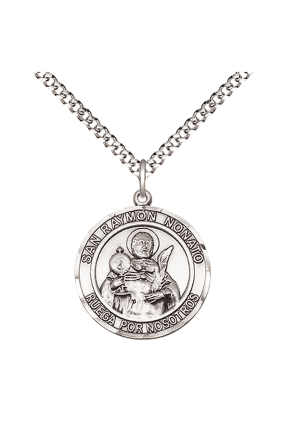 Pewter San Ramon Nonato Medal Pendant on 18 Inch Rhodium Plated Lite Curb Brass Chain,Catholic Religious Necklace with Lobster Claw Clasp -Made in USA, Deluxe Velvet Gift Box.