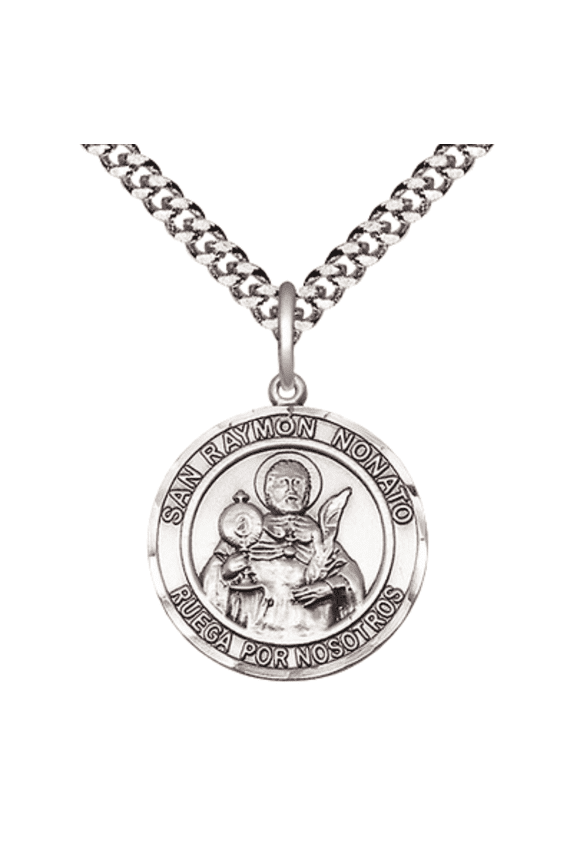 Pewter San Ramon Nonato Medal Pendant on 24 Inch Endless Rhodium Plated Heavy Curb Chain,Catholic Religious Necklace -Made in USA, Deluxe Velvet Gift Box