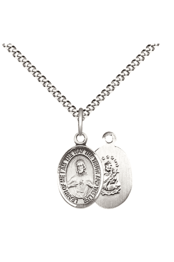 Small Pewter Scapular Medal Pendant on 18 Inch Rhodium Plated Lite Curb Brass Chain with Lobster Claw Clasp, Catholic Religious Necklace - Made in USA- Velvet Gift Box